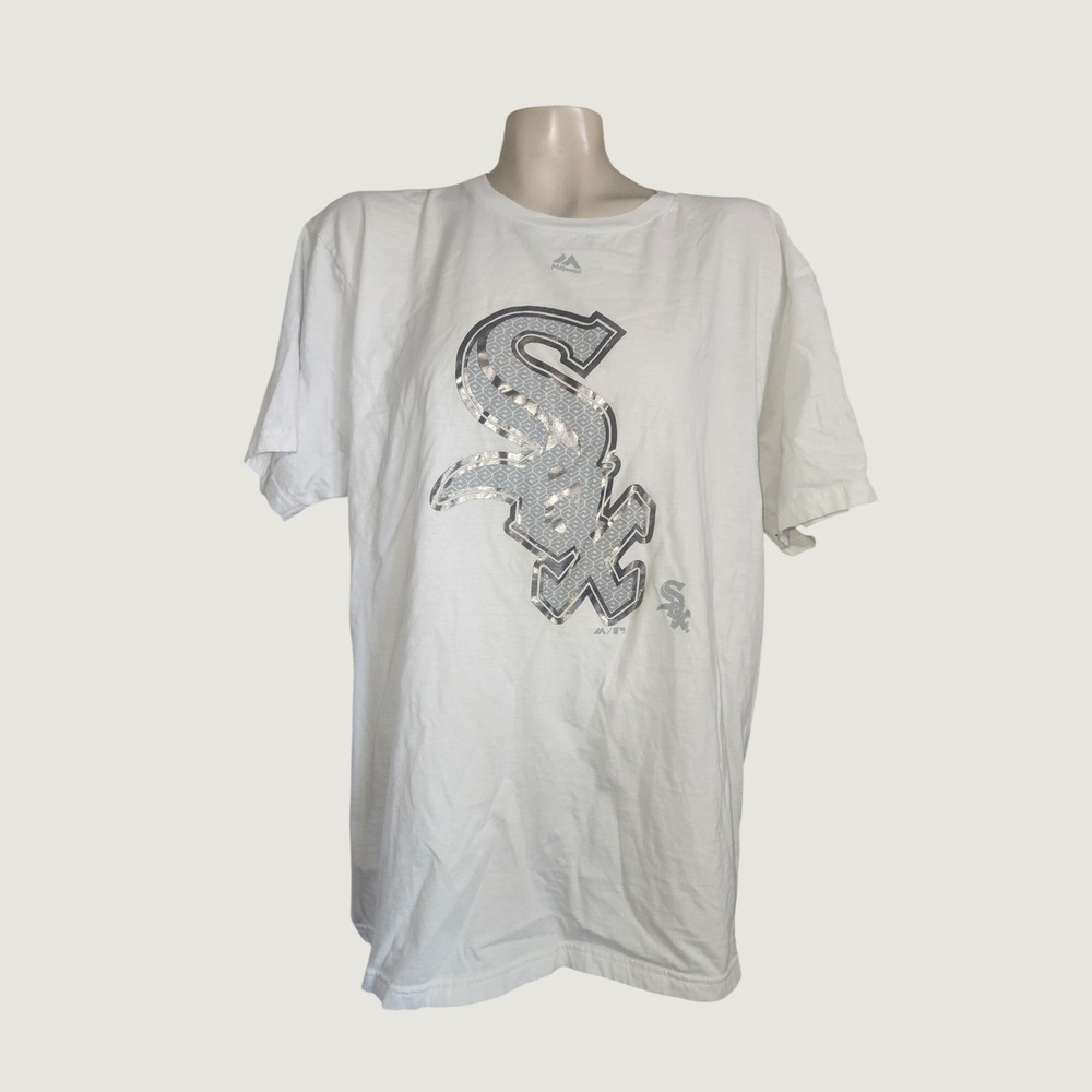 Majestic Chicago White Sox T-Shirt Mens XL White Metallic Silver Foil Logo MLB